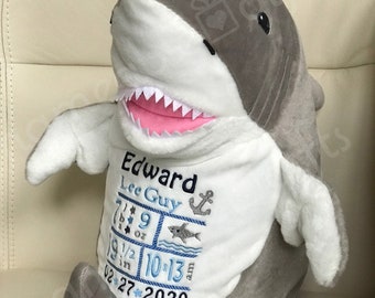 Personalized Stuffed Animal, Personalized Shark, Personalized Baby Gifts, Birth Announcement Gifts,  Baby Shark gifts, Birth keepsake