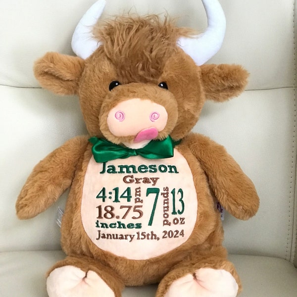 Personalized Stuffed Animal, Personalized Cow, Personalized Baby Gifts,  Highland Cow Gift, Birth Announcement Gifts, Farm Nursery, Cow Baby