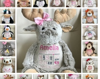 Peluche personnalisée, cadeau bébé personnalisé, peluche faire-part de naissance, peluche statistiques de naissance, cadeau nouveau-né