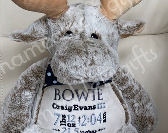 Personalized Stuffed Animal, Personalized Baby Gift,  Moose Gift, Birth Announcement Stuffed Animal, Moose Plush