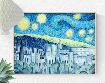 Alhambra, Noche Estrellada, Van Gogh, Vincent Van Gogh,  Illustration, Watercolor, Home Decor, Ilustracion Alhambra, Alhambra de Granada