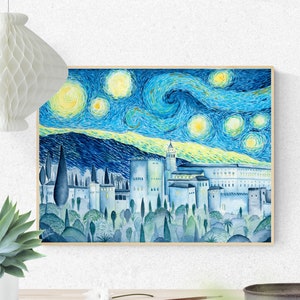 Alhambra, Nuit étoilée, Van Gogh, Vincent Van Gogh, Illustration, Aquarelle, Décoration intérieure, Ilustracion Alhambra, Alhambra de Granada
