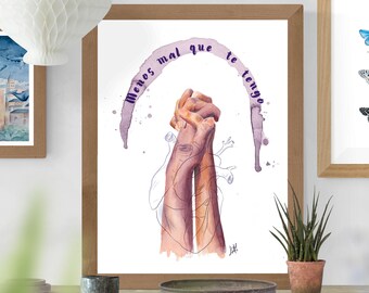 Manos, amigas, Girls,  Feminist, Watercolor, Home Decor,  amistad, Feminist art, Cozy