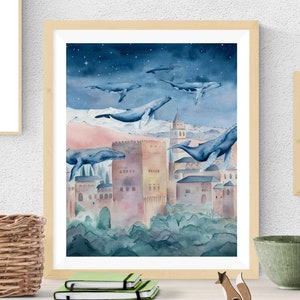 Alhambra, Baleines volantes, Alhambra magique, Illustration, Aquarelle, Décoration intérieure, Ilustracion Alhambra, Alhambra de Granada