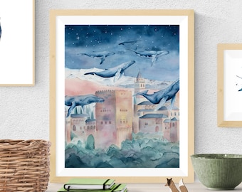 Alhambra, Ballenas volando, Alhambra mágica,  Illustration, Watercolor, Home Decor, Ilustracion Alhambra, Alhambra de Granada