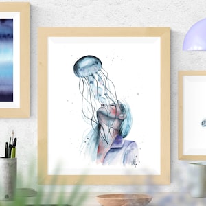 Medusa, weibliche Kunst, Originalgemälde, Illustration, Aquarell, Meereskunst, Wildleben, Wohndekoration, Qualle, Frauenaquarell, Lady Blue
