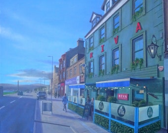 May include: A painting of a street scene with a restaurant called "RIVA" on the corner. The building is painted a light green with red neon letters. The restaurant has a patio with blue and white striped fencing.