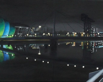 River Clyde at night, Glasgow. Art print.
