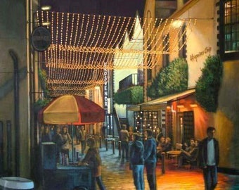 May include: A painting of a street scene at night with a pub called "The Whispering Chap" and a food cart with a red and white umbrella. The street is decorated with string lights and there are people walking around.