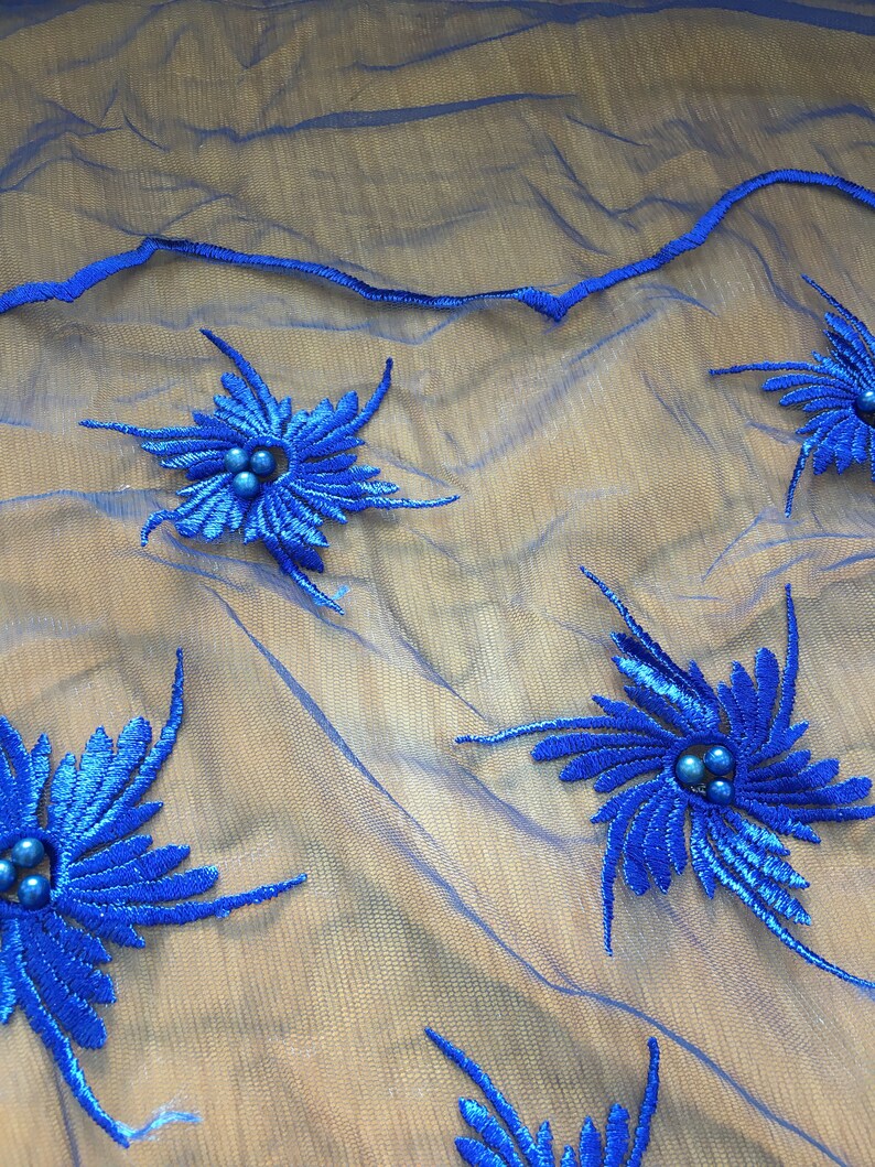 Wedding Lace 3D Lace Fabric Bright Blue color Lace Fabric embroidered lace Blue Lace for high fashion handmade pearl beaded