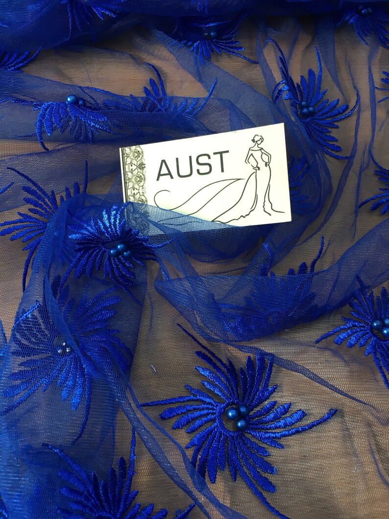 Wedding Lace 3D Lace Fabric Bright Blue color Lace Fabric embroidered lace Blue Lace for high fashion handmade pearl beaded