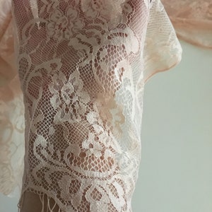 May include: A close-up of a delicate, pale pink lace fabric with a scalloped edge. The lace has a floral pattern and a soft, airy texture.