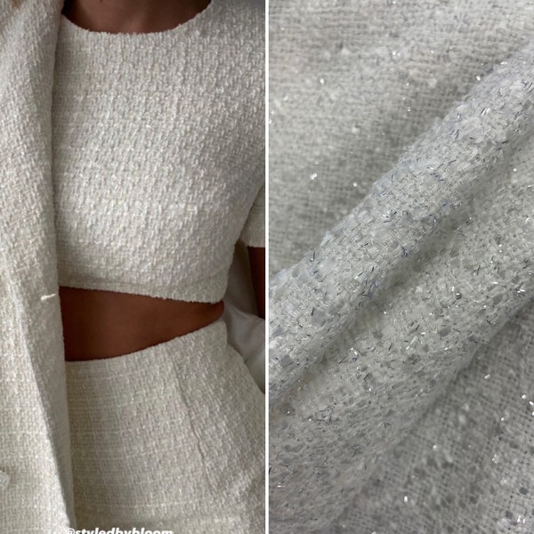 Tela Italia Tweed color blanco con tejido BOUCLE plateado 50 cm X 150 cm algodón con tejido lurex tweed viscosa