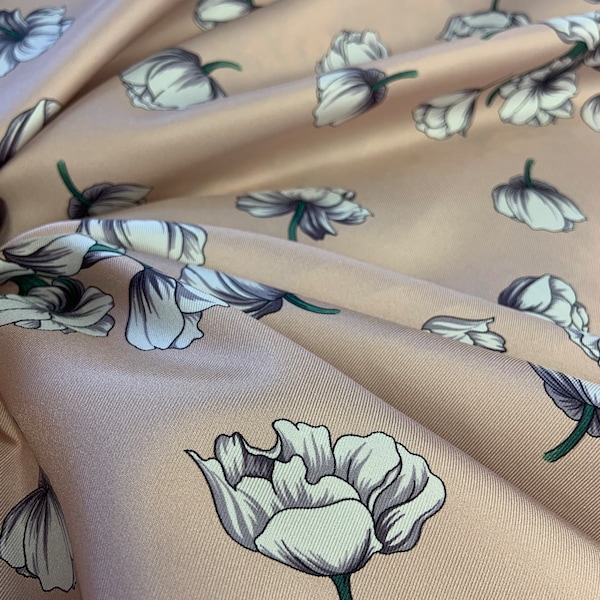 Pure silk , twill silk floral print ,white/black flowers on the light beige background Italy silk for dress,skirt or blouse by yard