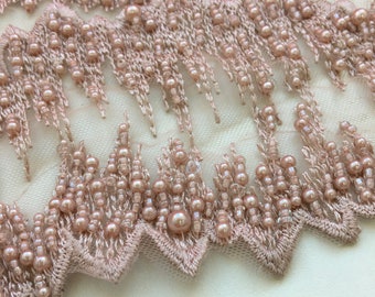 3D Old Pink Wedding Lace Fabric AO-000130, 3d spitze stoff, 3D Dirty Rose embroidered beads for high fashion dresses handmade pearl beads