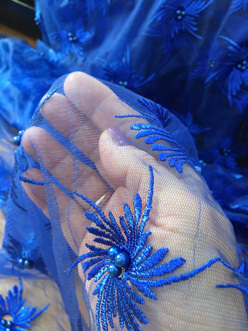 Wedding Lace 3D Lace Fabric Bright Blue color Lace Fabric embroidered lace Blue Lace for high fashion handmade pearl beaded