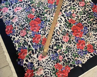 Silk for shawl 100x100 cm, pure silk scarf for fashion looks,famous brand print silk for scarf, bright leopard and flowers print fabric