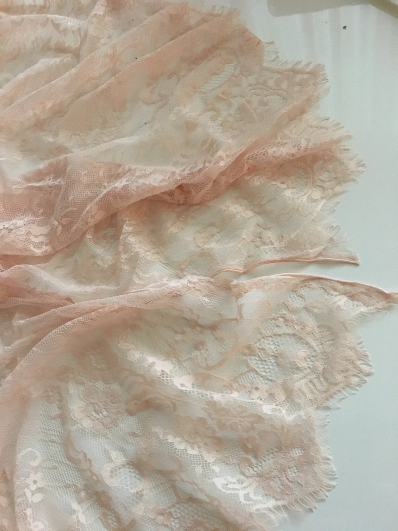 May include: A delicate, pale pink lace fabric with a floral pattern. The lace has a scalloped edge and is soft and sheer.