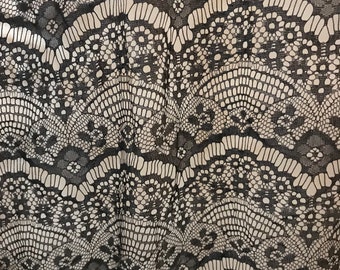 May include: Black lace fabric with a delicate floral pattern. The lace is made of a fine mesh material and has a soft, flowing texture.