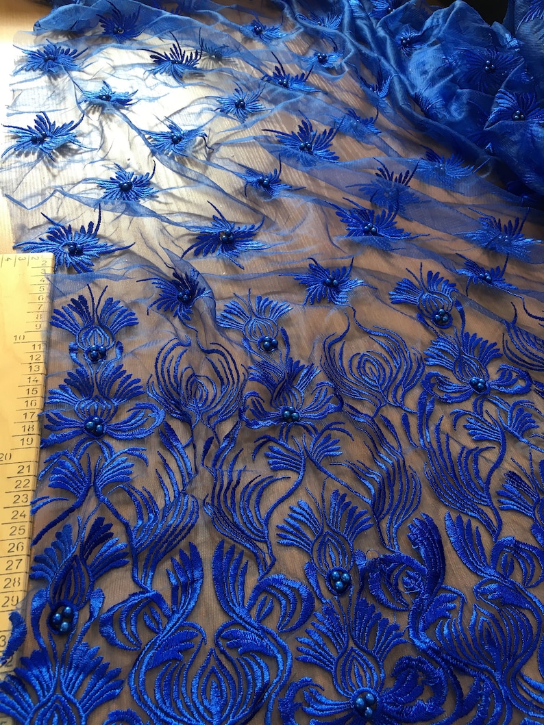 Wedding Lace 3D Lace Fabric Bright Blue color Lace Fabric embroidered lace Blue Lace for high fashion handmade pearl beaded