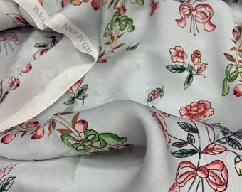 Thin Pure silk 50x140 cm Famous brand silk floral print Pure crepe for dress, skirt , blouse or scarf on the light blue/gray background