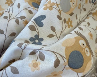 100% Cotton Fabric with flowers, Owls and butterflies print, Children Bright pictures Pure Bright Fabric 100 x220 cm, beige cotton