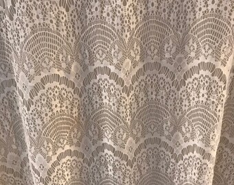 May include: White lace fabric with a delicate pattern of scalloped edges and floral designs.