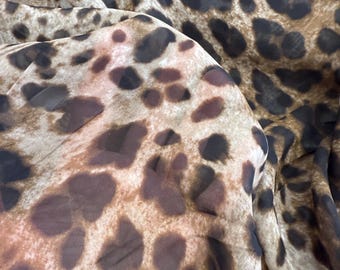 Bright leopard print Pure silk- chiffon fabric, brown backgraund with dark brown leopard print, pure chiffon silk from Italy by 1/2 Yard