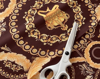 Brown with gold Haute Couture silk fabric, Famous print polyester silk fabric , High quality silk by yard X 55 inc (1.50m)