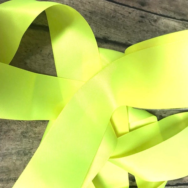 5 yds Neon yellow satin ribbon at 1 1/2”.  Neon ribbon. Sash ribbon.