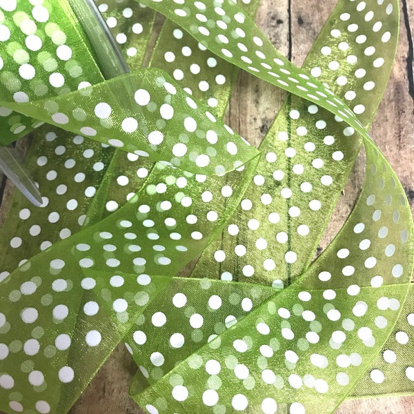 Lime white polka dot ribbon 10 yds. 1 1/2” wide organza ribbon. Ribbon.