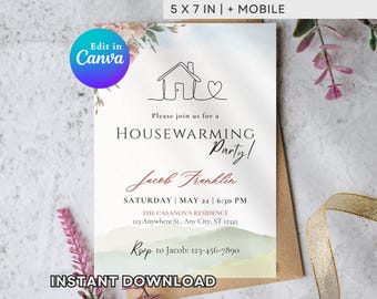 Housewarming Party Invitation Template | Elegant Watercolor New Home Invite | Editable Canva Printable