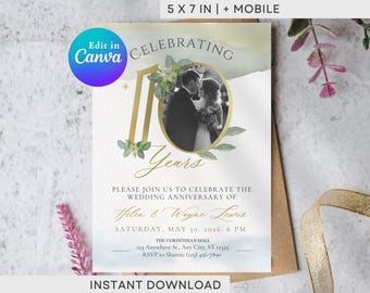 10th Anniversary Invitation Template | Elegant Watercolor Party Invite | Editable Canva Printable