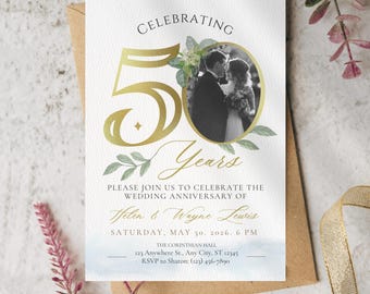 Gold 50th Anniversary Invitation Template | Elegant Watercolor Golden Party Invite | Editable Canva Printable