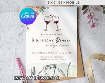 Birthday Dinner Invitation Template | Elegant Watercolor New Home Invite | Editable Canva Printable