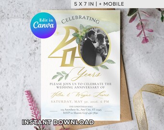 Gold 40th Anniversary Invitation Template | Elegant Watercolor Golden Party Invite | Editable Canva Printable