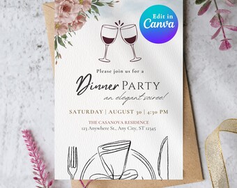 Dinner Party Invitation Template | Elegant Floral Event Invite | Editable Canva Printable
