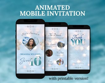Sweet 16 Invitation: Animated Mobile & Printable, Editable Canva Template (Digital PDF Download)
