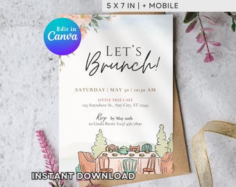 Brunch Invitation Template | Elegant Watercolor Brunch Party Invite | Editable Canva Printable