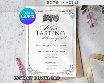 Elegant Wine Tasting Invitation Template | Minimal Wine Party Invite | Editable Canva Printable