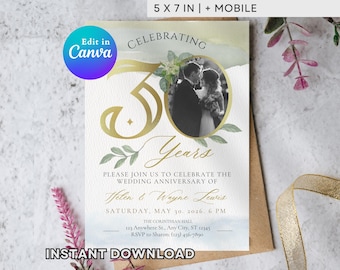 30th Anniversary Invitation Template | Elegant Watercolor Party Invite | Editable Canva Printable