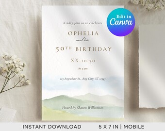 Elegant Watercolor 50th Birthday Invitation | Editable Canva Template (Digital Download)
