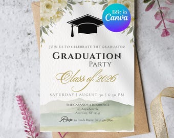 Grad Party Invitation Template | Elegant Watercolor Graduation Invite | Editable Canva Printable