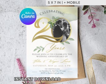 Gold 20th Anniversary Invitation Template | Elegant Watercolor Golden Party Invite | Editable Canva Printable