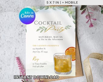 Cocktail Party Invitation Template | Elegant Watercolor Cocktail Invite | Editable Canva Printable