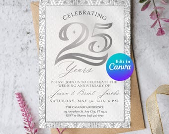 Silver 25th Anniversary Invitation Template | Elegant Minimal Party Invite | Editable Canva Printable