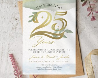 Gold 25th Anniversary Invitation Template | Elegant Watercolor Golden Party Invite | Editable Canva Printable