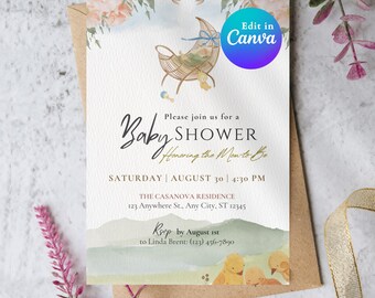Baby Shower Invitation Template | Watercolor Floral Event Invite | Editable Canva Printable
