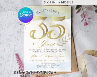 Gold 35th Anniversary Invitation Template | Elegant Watercolor Golden Party Invite | Editable Canva Printable