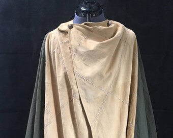 OOAK Cape Upcycled Suede and Green Cotton, Elf Fantasy Ranger LARP Cosplay Costume Cape